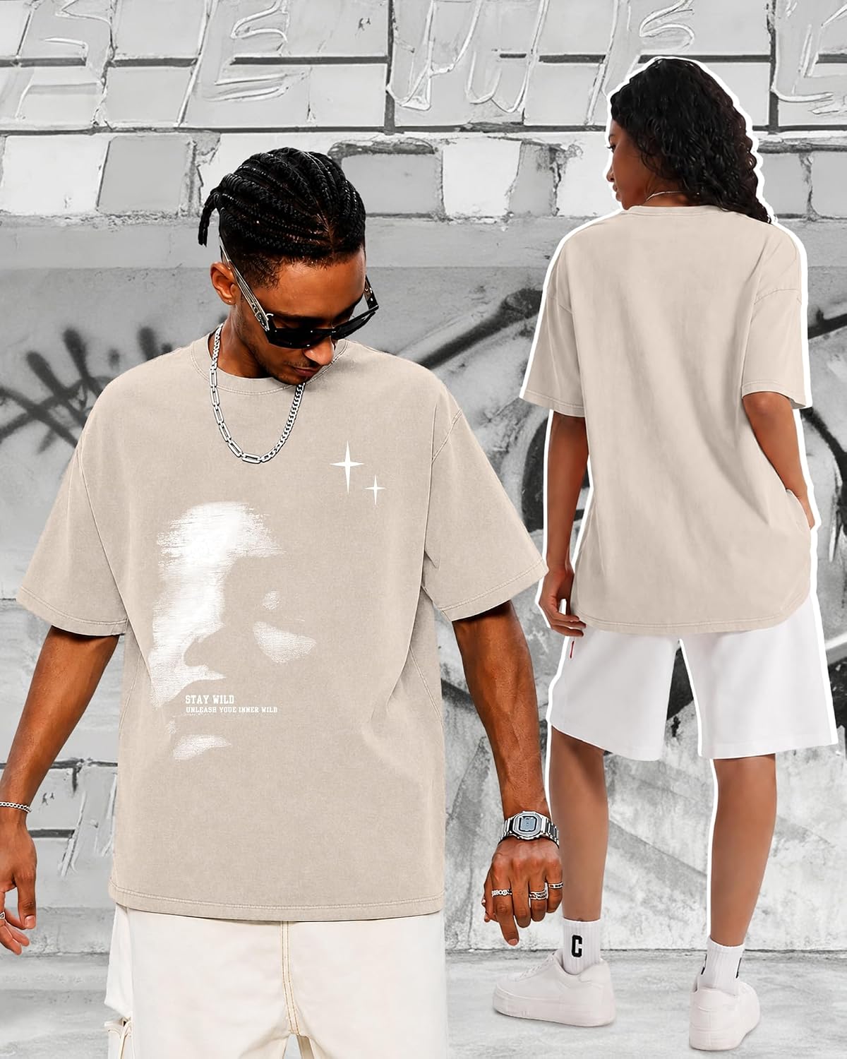 KUYIGO Unisex Vintage Washed Graphic T Shirt Abstract Face Tee