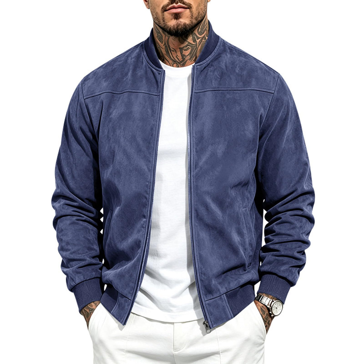 Suede Bomber Jacket Men Zip Up Long Sleeve Jackets with Pockets