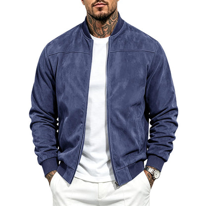 Suede Bomber Jacket Men Zip Up Long Sleeve Jackets with Pockets