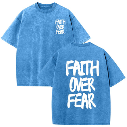 Christian Shirts for Men Faith Over Fear Shirt Jesus Religious Tshirt Oversized Graphic Tees Acid Wash God T-Shirt