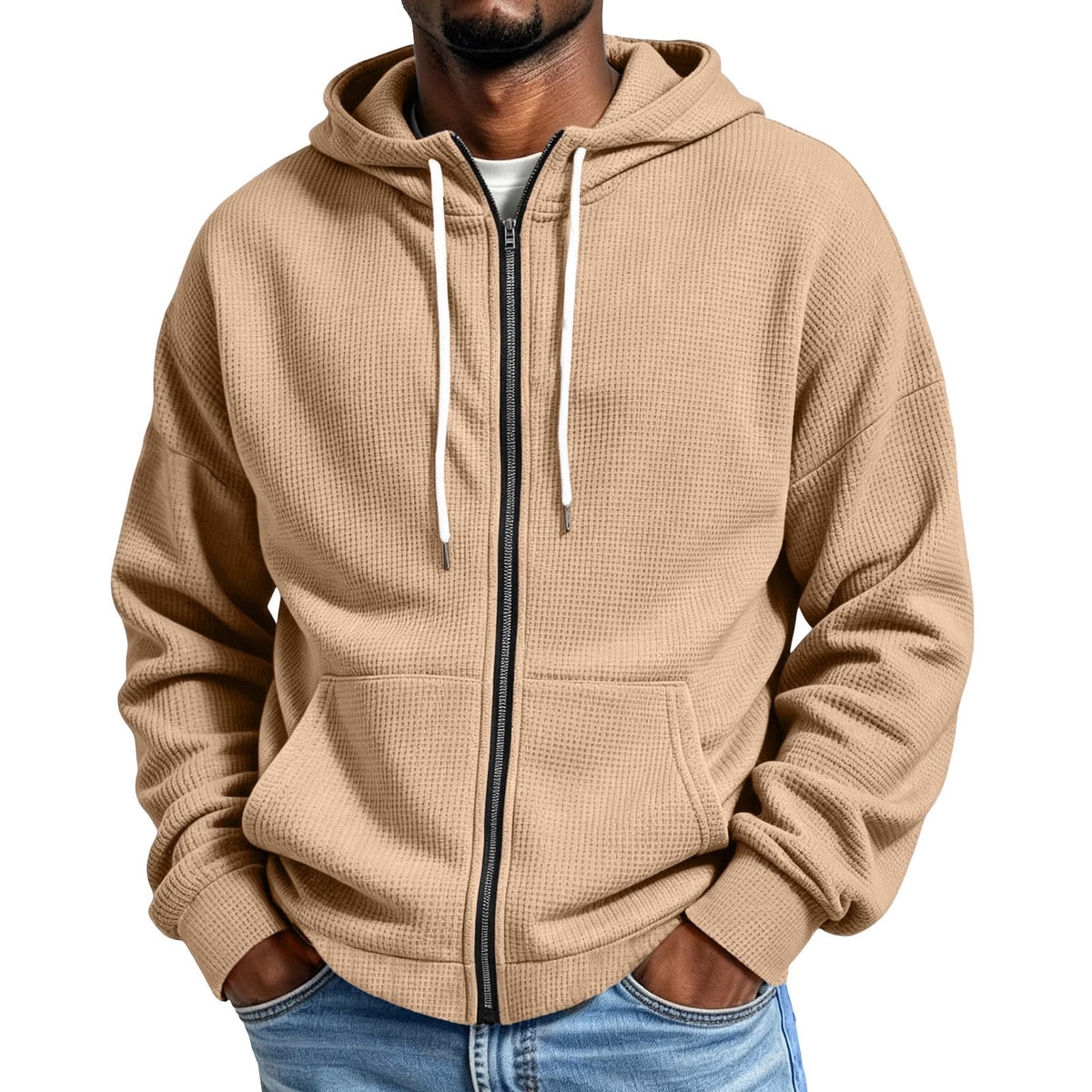 Waffle Hoodie Men Zip Up Athletic Casual Hooded Sweatshirts with Pockets