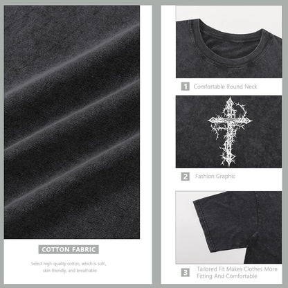 Men's Goth Shirt Oversized Acid Wash Grunge Shirts Gothic Cross Graphic Tees Vintage Streetwear Summer Tshirts