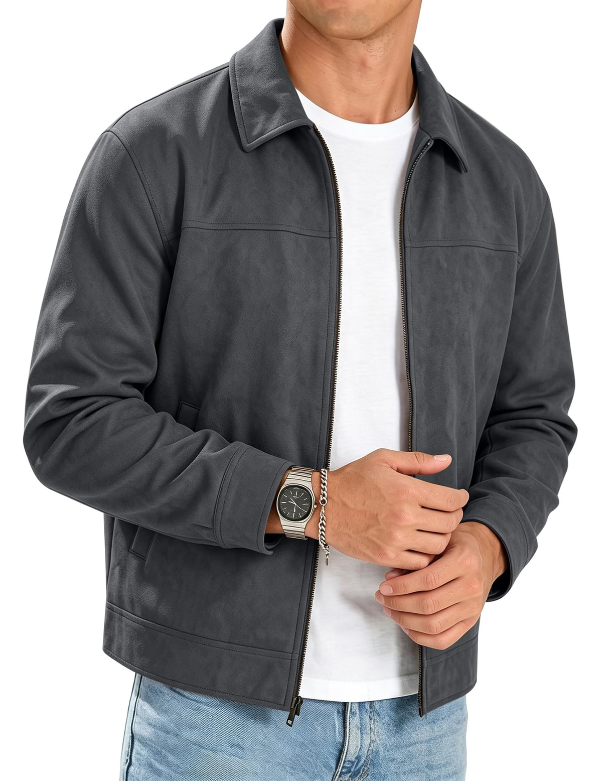 JMIERR Men's Faux Suede Collared Full Zip Casual Jacket