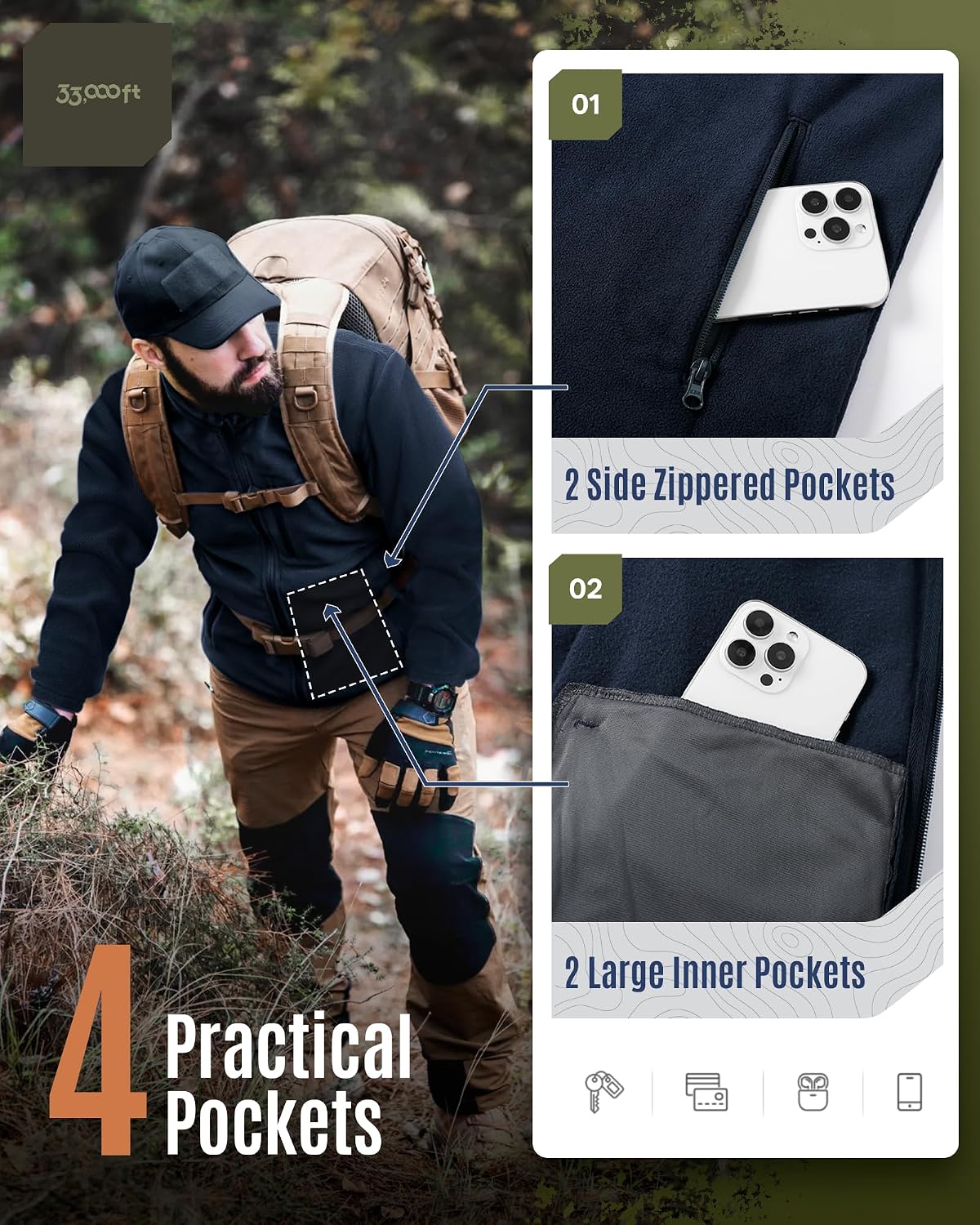 33,000ft Men's Polar Fleece Jackets Full Zip Lightweight Warm Sweater