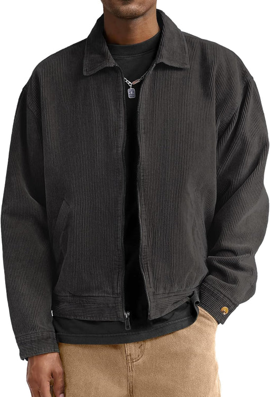 Comdecevis Men's Corduroy Bomber Collared Jacket, Full Zip Up