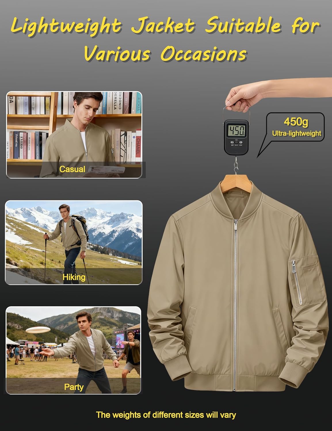 CRYSULLY Mens Lightweight Bomber Jacket Full Zip Spring Fall Casual Coat