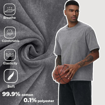Men's Cotton T-Shirts Oversized Unisex Short Sleeves Casual Loose Wash Solid Basic Tee Tops