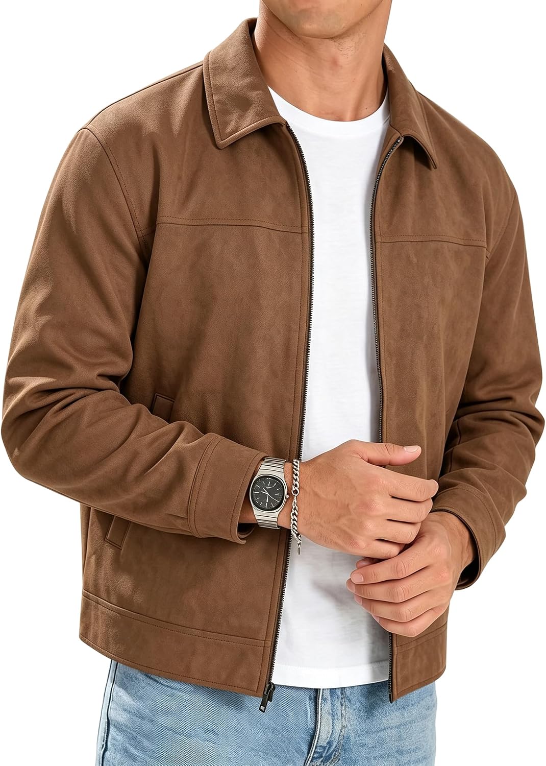 JMIERR Men's Faux Suede Collared Full Zip Casual Jacket