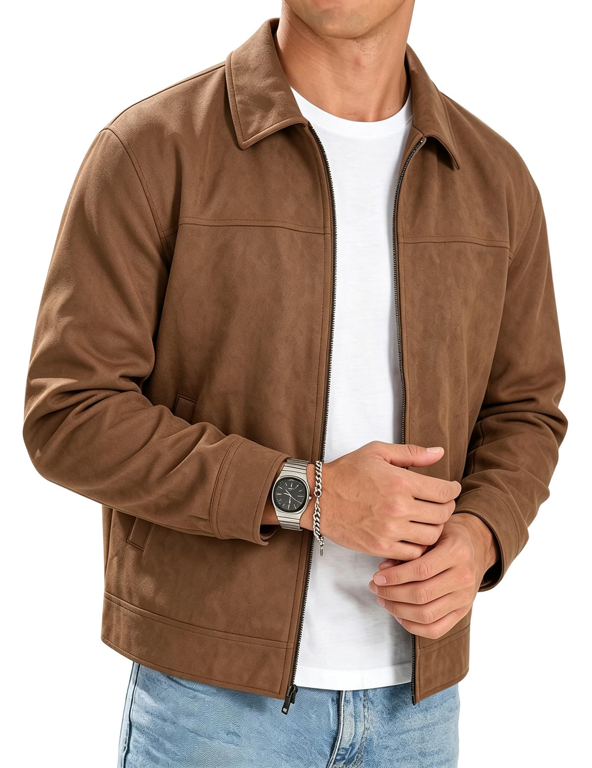 JMIERR Men's Faux Suede Collared Full Zip Casual Jacket