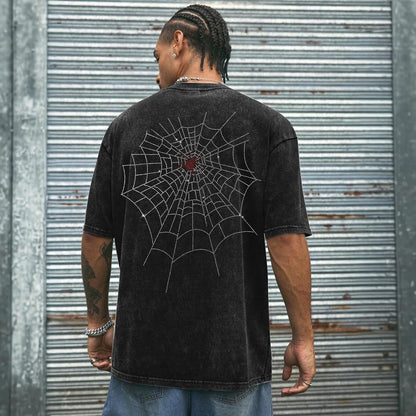 Men's Rhinestone Graphic Tee Spider Grunge Shirts Vintage Oversized Acid Wash T Shirts Y2k Streetwear Cotton Tops