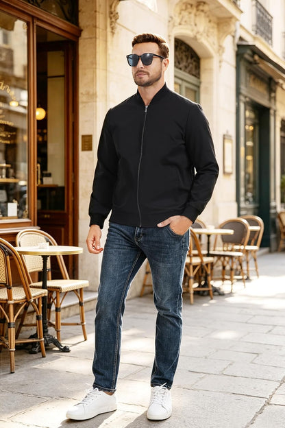 Fahsyee Lightweight Bomber Jacket Black Men Water-Resistant Golf Zip Up