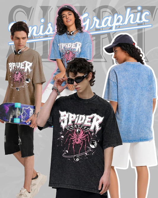 AugYew Graphic Tees Vintage Acid Washed Unisex Streetwear Cotton T-Shirt
