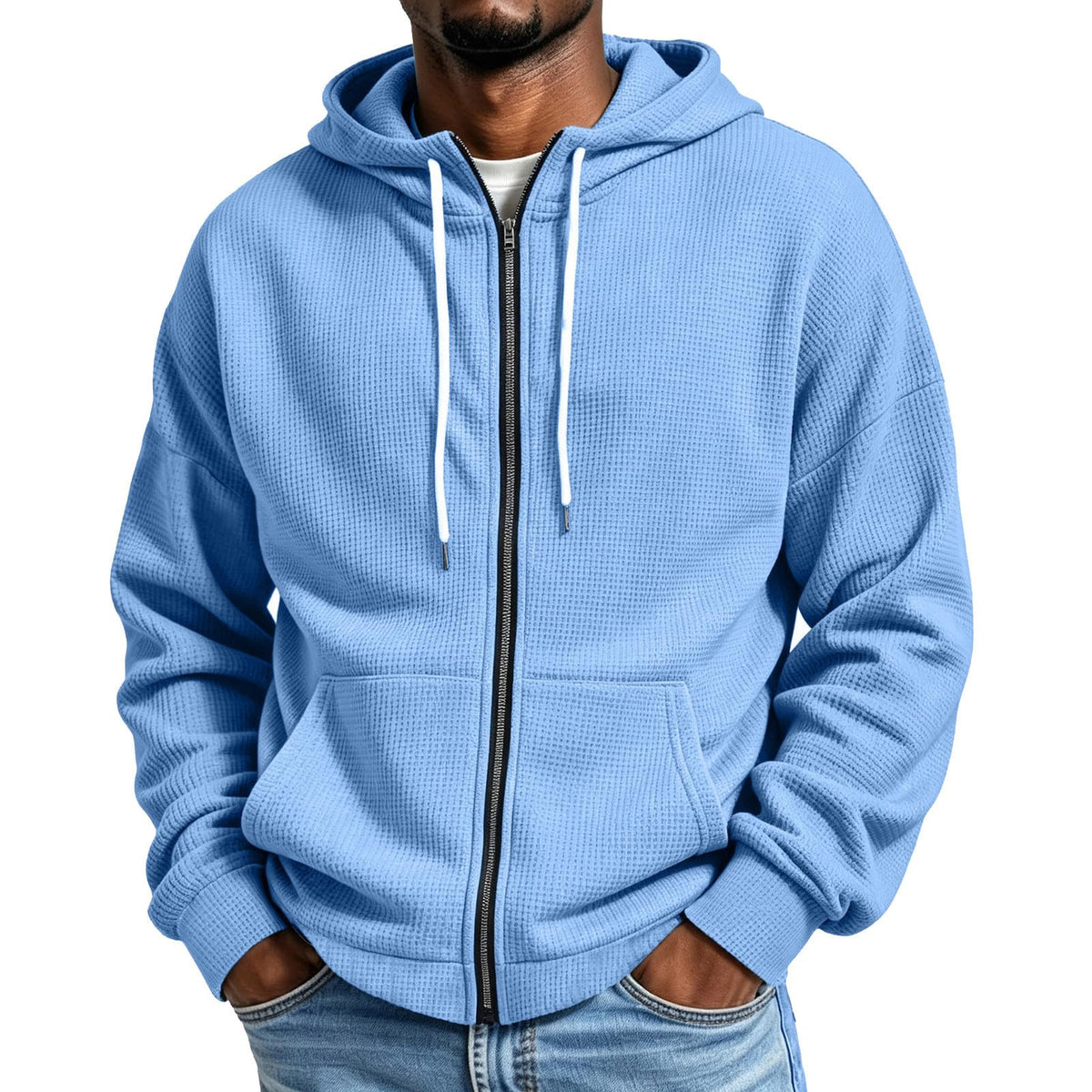 Waffle Hoodie Men Zip Up Athletic Casual Hooded Sweatshirts with Pockets