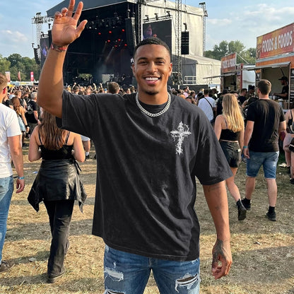 Men's Goth Shirt Oversized Acid Wash Grunge Shirts Gothic Cross Graphic Tees Vintage Streetwear Summer Tshirts