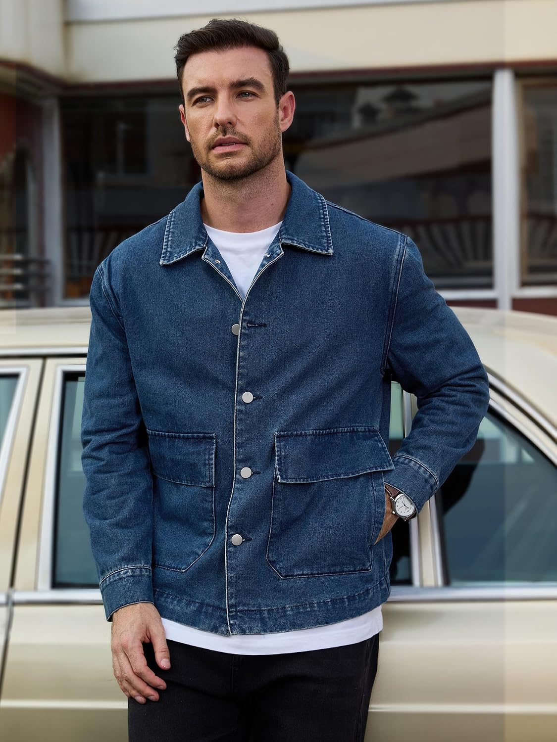 JEMLDL Men’s Jean Jacket Relaxed Fit Denim Utility Jacket
