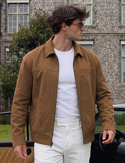 JMIERR Men's Faux Suede Collared Full Zip Casual Jacket