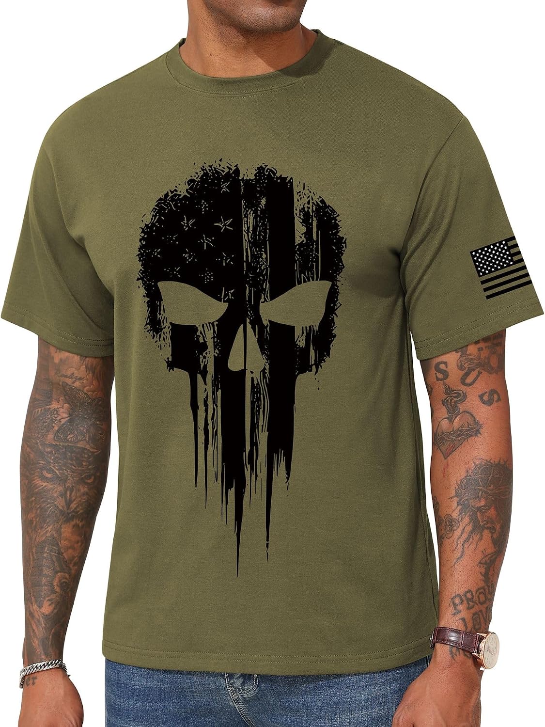 KESIHAN Men's American Flag Skull Graphic T Shirt Vintage USA Retro Tee