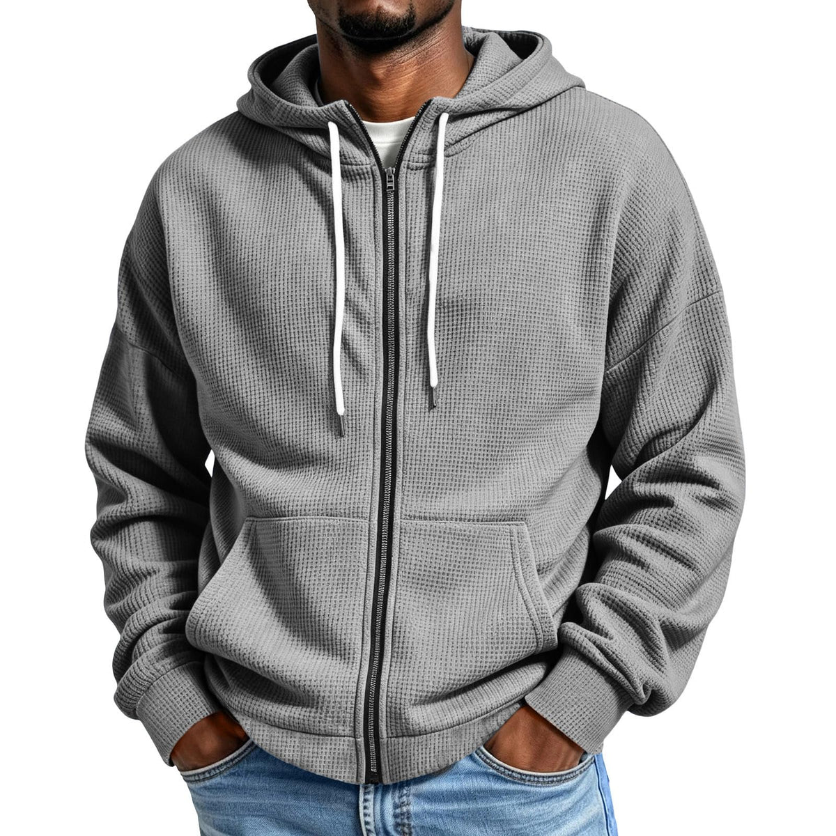 Waffle Hoodie Men Zip Up Athletic Casual Hooded Sweatshirts with Pockets