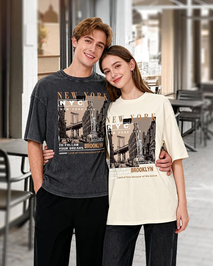 Graphic T-Shirt for Men New York Vintage Acid Wash Cotton Tees Y2K Tops