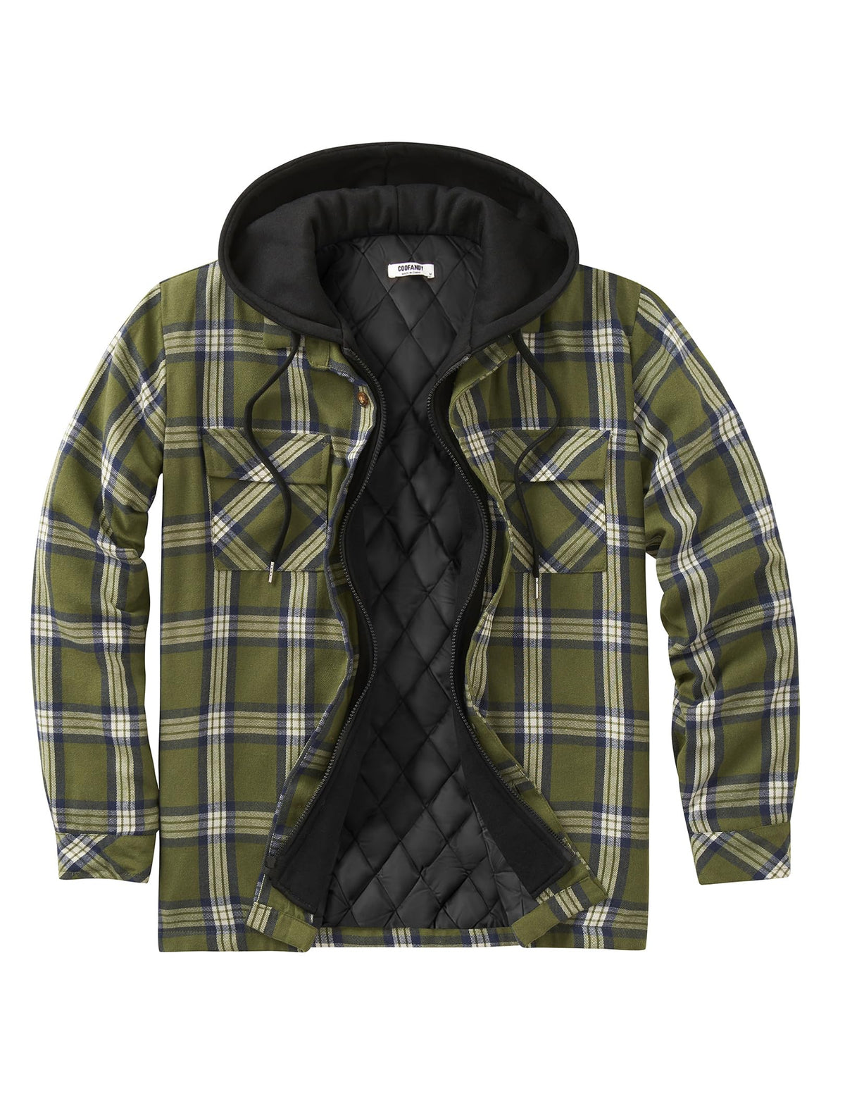 COOFANDY Men's Flannel Plaid Shirt Jacket Hooded Quilted Lined Shacket