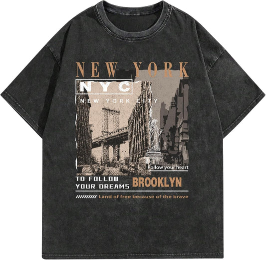 Graphic T-Shirt for Men New York Vintage Acid Wash Cotton Tees Y2K Tops
