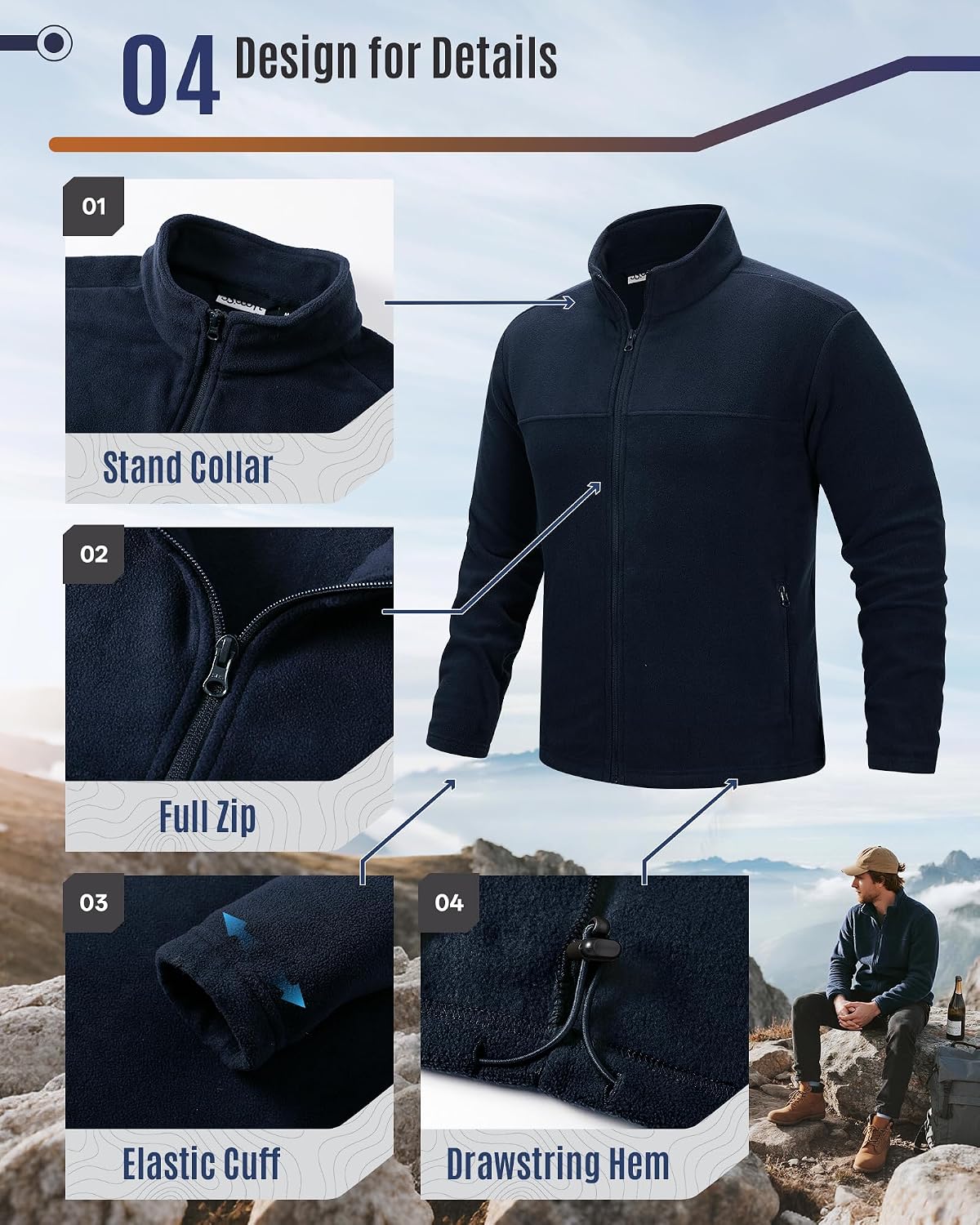 33,000ft Men's Polar Fleece Jackets Full Zip Lightweight Warm Sweater