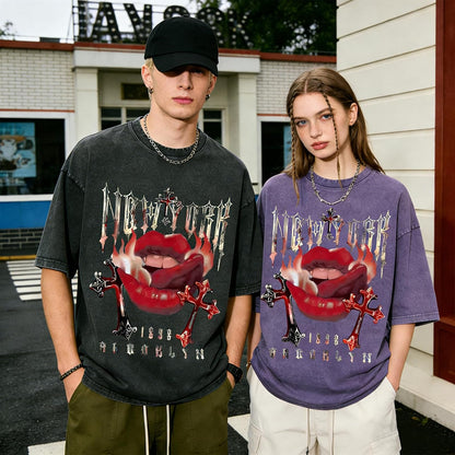 Mens Graphic Tee Unisex Acid Wash Streetwear Vintage Cotton T Shirts Casual Y2k Drop Shoulder Top Tshirts