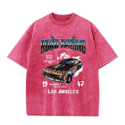 Mens Graphic T-Shirts Oversized Acid Wash Tshirt Vintage Streetwear Shirt Cool Road Racing Printed Tee Los Angeles Top