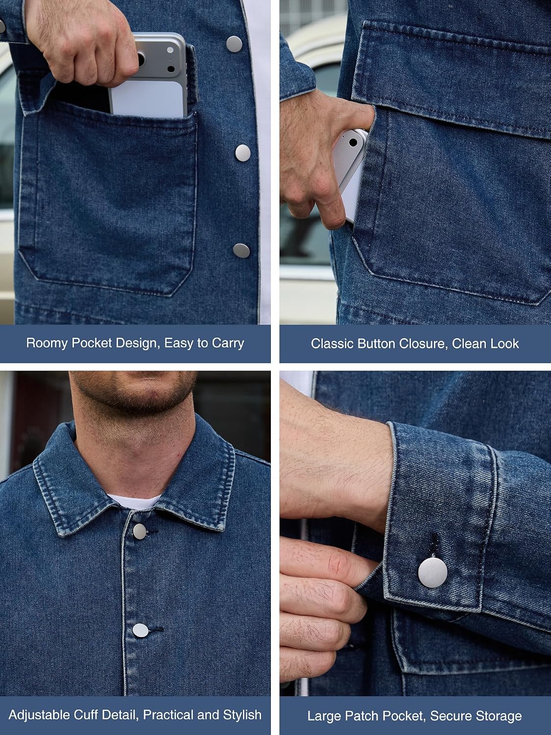 JEMLDL Men’s Jean Jacket Relaxed Fit Denim Utility Jacket