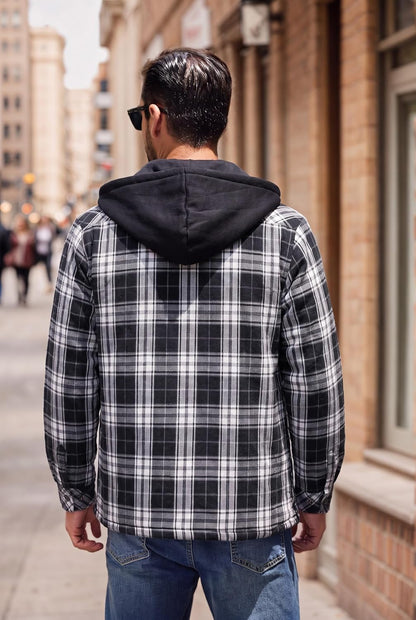 COOFANDY Men's Flannel Plaid Shirt Jacket Hooded Quilted Lined Shacket